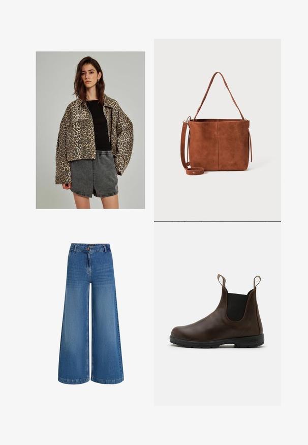Leopardprint denimjasje met een oversized snit, knoopsluiting en brede mouwen, gecombineerd met een zwarte getailleerde top en grijze shorts.; Bordeaux gebreide cardigan met een ronde halslijn, knoopsluiting aan de voorkant en geribbelde zoom. Kenmerken zijn textuurpatronen en ballonsleeves.; Witte longsleeve shirt van ribstof, met een ronde halslijn en een getailleerde vorm. Er zijn geen patronen of accenten aanwezig.; Lichte blauwe denimbroek met wijde pijpen, voorzien van een hoge taille, een sluiting met een knoop aan de voorkant en subtiele vervagingen in de stof voor textuur.; Bruine leren enkellaars met elastische zijkanten, trekriempjes en een getextureerde rubberen zool. Heeft een slank, rond te ontwerp.; Bruine suède emmerij met een enkele schouderband en een afneembare crossbodyband. Rechte textuur en minimalistisch ontwerp zonder zichtbare hardware.