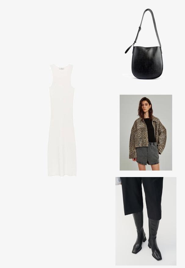 Giubbotto di jeans con stampa leopardata, dalla vestibilità oversize, chiusura a bottoni e maniche ampie, abbinato a un top nero aderente e pantaloni corti grigi.; Abito bianco senza maniche, in maglia a costine e con silhouette aderente, che arriva sotto il ginocchio. Design semplice e minimalista, privo di motivi o accessori.; Stivali neri in pelle fino al ginocchio con punta quadrata e tacco a blocco. Caratterizzati da una chiusura laterale con zip e una texture liscia.; Borsa a spalla in pelle nera con una texture liscia, forma curva, tracolla regolabile e un logo impresso in modo discreto sul davanti.