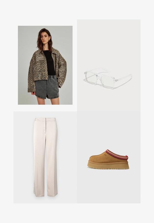 Jeansjacke mit Leopardenprint und oversized Schnitt, Knopfschluss und weiten Ärmeln, kombiniert mit einem schwarzen enganliegenden Oberteil und grauen Shorts.; Grauer Strick-Turtleneck-Pullover mit gerippter Textur, langen Ärmeln und einem lockeren Schnitt. Das Material wirkt weich und voluminös. Der untere Saum ist gerade.; Beige weite Hosen aus glattem Material mit klarer Silhouette, flachem Vorderteil und diskretem Bundverschluss.; Braune Wildleder-Slipper mit rot-creamfarbenem gemusterten Besatz, strukturiertem Absatz und UGG-Logo an der Seite. Verfügt über eine leichte Plattformhöhe.; Klare rechteckige Sonnenbrillen mit durchsichtigen Rahmen, hellgrünen Gläsern und subtilen Details an den Bügeln. Leichtes Design, modernes Format.; Schwarzlederne Clutch mit texturierter Oberfläche, Kettenriemen und Nietenverzierung entlang der Unterseite. Rechteckige Form mit einem Reißverschlussfach.