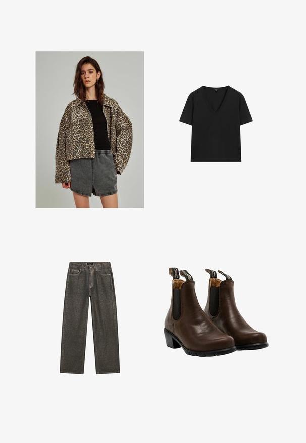 Jeansjacke mit Leopardenprint und oversized Schnitt, Knopfschluss und weiten Ärmeln, kombiniert mit einem schwarzen enganliegenden Oberteil und grauen Shorts.; Schwarzes kurzärmeliges V-Ausschnitt-T-Shirt mit einem schlichten, taillierten Design auf einem weißen Hintergrund.; Dunkelgraue weit geschnittene Jeans aus Denim, mit einem klassischen Fünf-Taschen-Design, robuster Naht und einem Reißverschluss mit Knopfverschluss.; Braune Leder-Stiefel in Knöchelhöhe mit elastischen Seitenpaneelen, abgerundeten Zehen und niedrigen Blockabsätzen. Mit Ziehhilfen für ein einfaches Anziehen. Strukturierte Gummisohlen.
