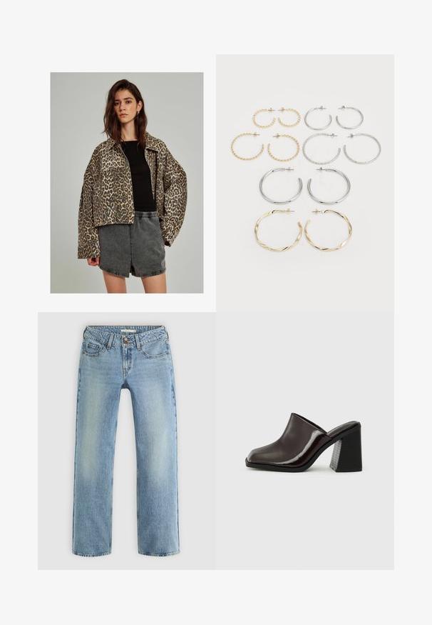 Leveäpardikuvioinen farkkutakki, jossa on ylipitkä leikkaus, nappisolki ja leveät hihat, yhdistetty mustan tiukan topin ja harmaiden shortsien kanssa.; Kaksi pitkähihasta paitaa. Toinen valkoinen ja toinen musta, molemmat kevyttä puuvillaa, jossa on leveä venepääntie ja kapea malli.; Vaaleansiniset suorat farkut, joissa on napitus, viisi taskua ja huomaamatonta haalistumista lahkeilla.; Tumman viininpunaiset nahka-muulit, joissa on neliömäinen kärki, kiiltävä pinta ja paksu, teksturoitu musta korko. Yksinkertainen muotoilu, helposti liukuvat päällysee.; Kaksitoista rengaskiinnityksellä olevaa korvakorua hopea- ja kultasävyissä. Mukana on kiemuraisia, sileitä ja teksturoituja malleja eri kokoisina ja viimeisteltyinä.