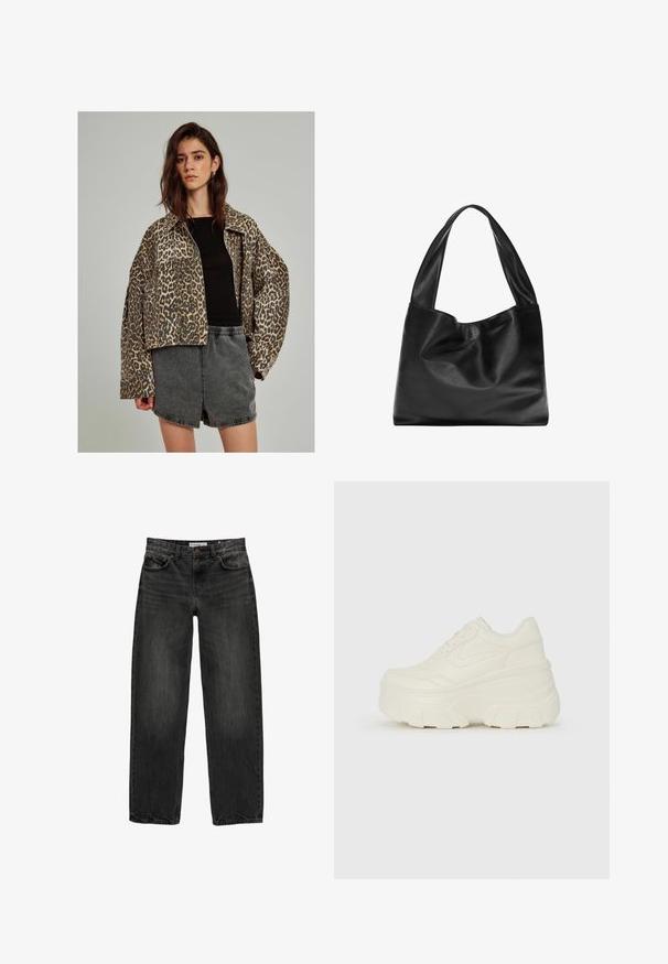 Leopárdmintás farmerdzseki oversized szabással, gombos záródással és széles ujjakkal, fekete testhez simuló toppal és szürke sorttal párosítva.; Fehér pamut póló kerek nyakkivágással, rövidujjakkal és testhez álló fazonnal. Simább textúra díszítések vagy minták nélkül.; Fekete farmernadrág laza szabással, egyenes szárakkal, öt zsebes dizájnnal és enyhén elhalványult textúrával. Elöl gombos és cipzáras záródás.; Fehér platform sportcipők, sima bőrszerű felsőrésszel, kerek formával, párnázott bokával és texturált gumitalppal, jól definiált mintázattal.; Fekete bőrtáska puha, lazán lógó dizájnnal, széles fogantyúkkal és sima felülettel. Nincsenek látható fém alkatrészek vagy díszítések.
