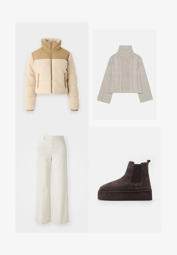 Trumpas pūkinis švarkas su tan spalvos nailono viršumi ir kreminės spalvos pūkine medžiaga. Yra aukštas apykaklė, priekinis užtrauktukas ir šoninės kišenės. Guma aplink riešus.; Sumažintas šviesiai pilkas megztinis su aukštu apykakle ir rūdytomis rankovėmis, su tekstūriniais kabelių raštais nugaroje ir šonuose.; Pločios kojos kelnės šviesiai bežinės spalvos, pagamintos iš lygaus audinio. Yra klasikinis juosmens dizainas ir lygūs priekiniai įsiuvai su švariomis linijomis.; Rudos gamtos nubuko Chelsea batai su elastingomis šoninėmis detalėmis ir storu, tekstūruotu platformos padu. Šiame modelyje yra kilpos elementas kulne, kuris palengvina apsiaustą.