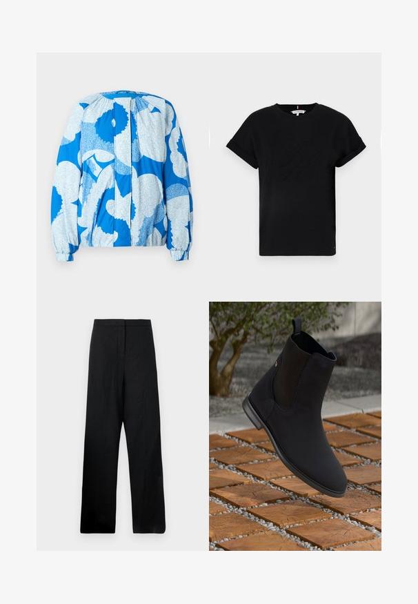 Mėlyna striukė su tekstūruotu baltų abstrakčių formų raštu. Yra raukšlėta nugara, elastingi rankogaliai ir laisvas siluetas.; Juodas medvilninis marškinėliai su trumpomis apvyniotomis rankovėmis, turintys reljefinį logotipą centre ir mažą vėliavėlės akcentą šone.; Juodos plačios kelnės, pagamintos iš lengvos medžiagos. Turėtų lygų paviršių, aukštą liemenį ir minimalų siuvimo elementų kiekį.; Juodi kulkšniniai batai su elastingais šonų įdėklais, plūduriuojantys virš medinių kvadrato plytelių, purtomoje lauko aplinkoje.