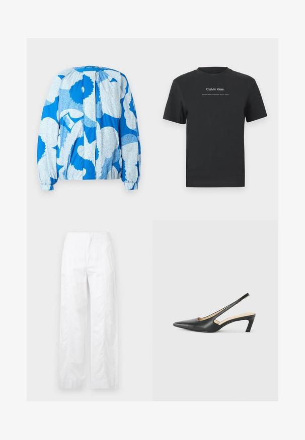Jachetă albastră cu un model texturat din forme abstracte albe. Dispune de un spate plisat, manșete elastice și o croială casual.; Tricou din bumbac negru cu guler rotund, mâneci scurte și logo-ul imprimat „Calvin Klein” în alb, împreună cu textul „Established 1968”.; Pantaloni albi cu croială largă, fabricați dintr-un material ușor, având o textură netedă, linii curate și un design cu talie înaltă.; Pantof cu toc mic, cu vârf ascuțit și slingback, realizat din piele netedă, având un design decupat pe lateral pentru respirabilitate.