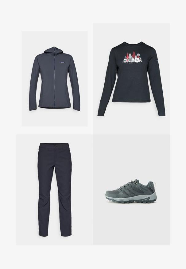 Kapišoninė striukė, pagaminta iš lengvos, tekstūruotos medžiagos. Tamsiai mėlyna spalva, su visiškai užtraukiama priekiu ir orą praleidžiančiomis šoninėmis dalimis. "Patagonia" logotipas ant krūtinės.; Ilga rankovė tamsiai pilka marškinėliai su raudonų medžių ir kalnų grafika; drąsaus baltos spalvos teksto "COLUMBIA" logotipas. Minkšta medžiaga, standartinis apvalus kaklas.; Tamsiai mėlynos kelnės, pagamintos iš lygaus audinio, su priekiniais mygtukais, lieknos silueto ir raukšlėmis ant kelių.; Tamsiai pilki žygio batai su tinklinėmis ir zomšinėmis viršutinėmis dalimis, su raišteliais, paminkštintu padu ir tvirtu padu su įpjovų raštu.