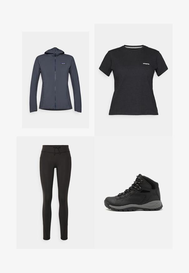 Kerge, tekstuuriga kangast kapuutsiga jakk. Tumedast mereväe sinisest värvitoonist, millel on täielik esiosa tõmblukk ja hingavad külgpaneelid. Patagoonia logo rinnal.; Must musta T-särk ümmarguse kaelusega ja lühikeste varrukatega. Vasakul rinnal on valge "Patagonia" logo.; Mustad kõrge vöökohtadega mustad retuusid, paelaga, sileda tekstuuri ja sobiva disainiga. Külgedel on õmblusdetailid.; Mustarjaline matkasaabas, millel on keskmine disain, tekstuuriga ülemine osa, hallid aktsendid ja vastupidav kummist põhi, millel on haardelugesid.