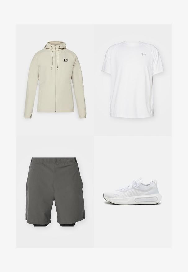 Veste à capuche beige clair avec une fermeture éclair sur le devant, des cordons de serrage ajustables et un logo noir sur la poitrine gauche. Tissu lisse et design ajusté.; T-shirt de sport à manches courtes de couleur blanche, fabriqué en tissu lisse. Il présente un col rond et un logo gris sur la poitrine gauche, avec des fentes sur les côtés au niveau de l'ourlet.; Shorts de sport gris en tissu lisse et léger avec une taille élastique, dotés de shorts de compression intérieurs et de poches latérales.; Basket blanc de sport avec une tige en tricot texturé, fermeture à lacets, semelle rembourrée et un détail de marque distinctif sur le côté.