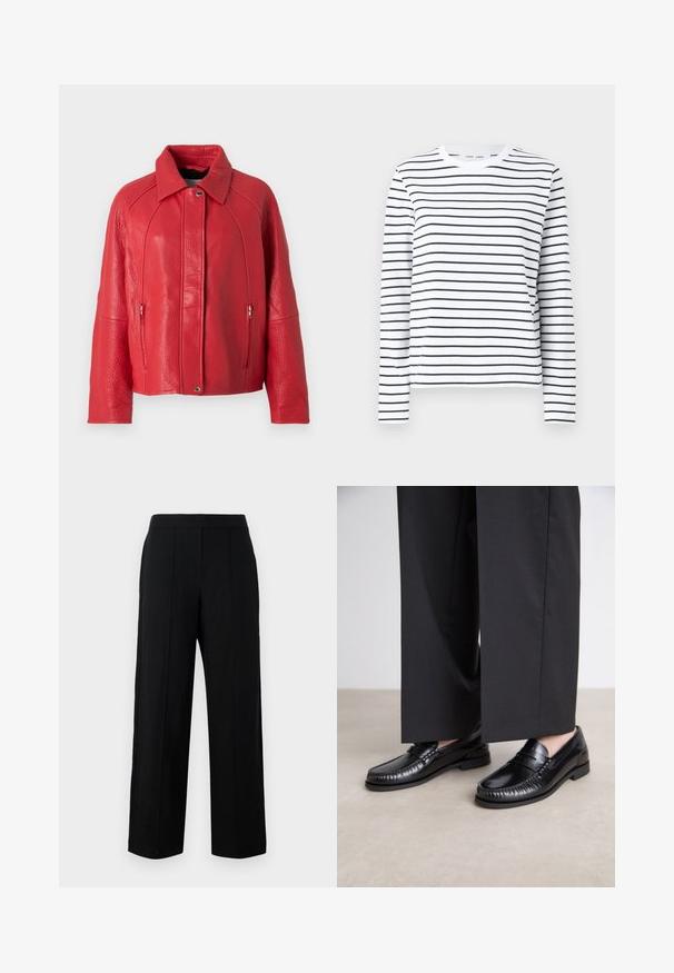 Piros bőrkabát texturált felülettel, galléros nyakkal, elülső cipzárral és oldalsó zsebekkel. A dizájn jól megépített és modern.; Hosszú ujjú fehér pamut ing fekete vízszintes csíkokkal. Kerek nyakkal és laza szabással rendelkezik. Nincsenek figyelemfelkeltő díszítések vagy minták.; Fekete, széles lábú nadrág sima anyagból, lapos elülső résszel, két függőleges varrással és egyszerű derékpánttal.; Fekete bőr loaferek sima felülettel, varrott részletekkel az orrnál és alacsony gumitalppal. Széles fekete nadrággal párosítva.