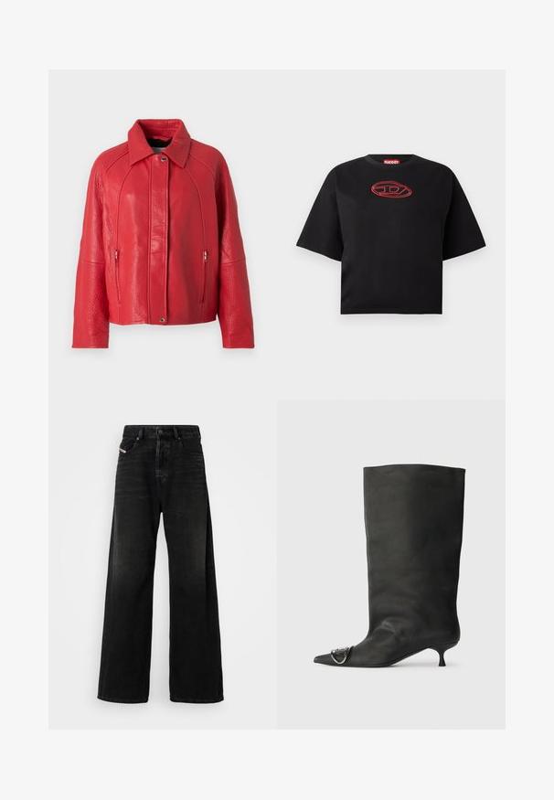 Punane nahast jakk tekstuuriga viimistlusega, millel on kaelus, ees lukuga sulgemine ja küljetaskud. Kujundus on struktureeritud ja moodne.; Must musta varrukatega lühike T-särk, millel rindkeres on punane tikitud ovaalne logo.; Laiene jalad mustad teksapüksid kõrge vöökohaga, mis sisaldavad nööpkinni ja eesmist taskut, koos khaki kulunud tekstuuriga.; Must musta põlve kõrgune saapakäik terava nina, väike konts ja metallist aktsentdetail nina peal. Ühtlane, matt tekstuur kogu ulatuses.