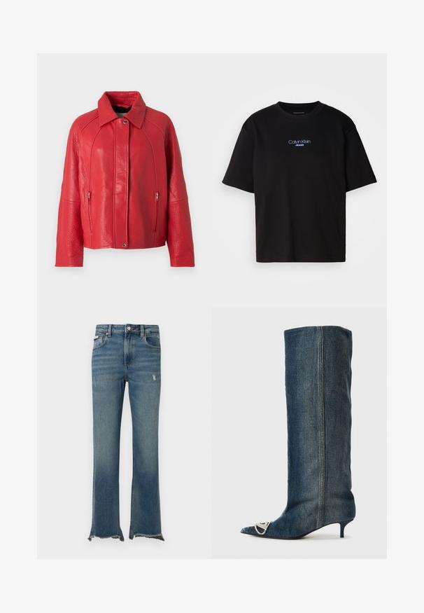 Sarkans ādas jakas ar teksturētu apdari, ar apkakli, priekšējo rāvējslēdzēju un sānu kabatām. Dizains ir strukturēts un mūsdienīgs.; Melna kokvilnas T-kreklu ar apaļu kaklu, īsām piedurknēm un zilu izšūtu "Calvin Klein JEANS" logo priekšpusē.; Zilas džinsa bikses ar vieglu nolietojumu, neapstrādātiem plēstiem apmales galiem, priekšējām kabatām, jostas cilpām un pogas aizdari.; Džinsa ceļgalu augstuma zābaks ar smailu purngalu, sudraba metāla akcentiem, šauru maza papēža formu un gludu, teksturētu apdari.