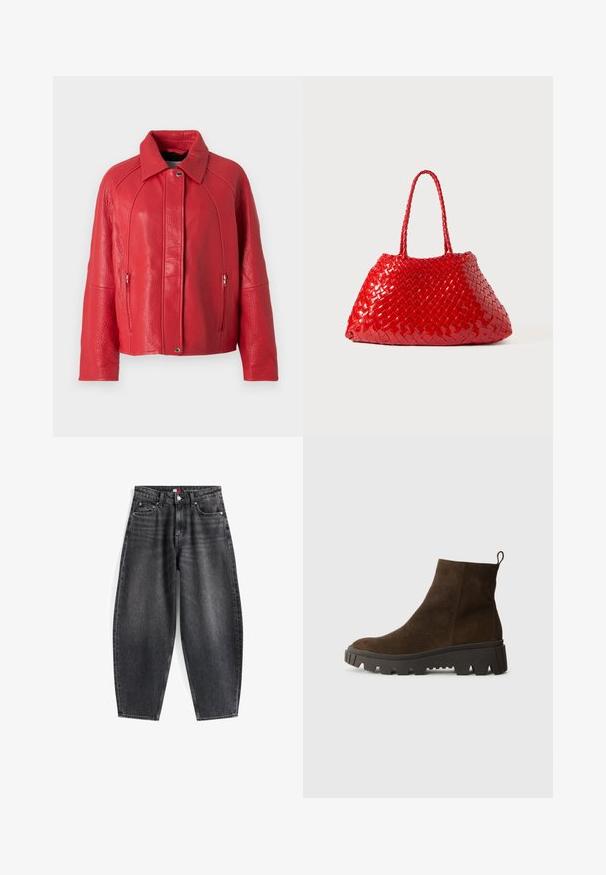 Piros bőrkabát texturált felülettel, galléros nyakkal, elülső cipzárral és oldalsó zsebekkel. A dizájn jól megépített és modern.; Világoskék, hosszú ujjú pólóing vízszintes szürke és fehér csíkokkal, galléros nyakkal.; Magas derekú, fekete farmernadrág, laza szabással, öt zsebbel, övtartókkal és márkás derékkal.; Barna velúr bokacsizma masszív fekete gumitalppal, enyhén sarokkal és hátul elhelyezett húzófüllel a könnyű felvétel érdekében.; Vörös szőtt női táska fényes felülettel, fonott fogantyúkkal. Megkülönböztető háromszög alakú és texturált felülettel rendelkezik, szoros mintázattal.