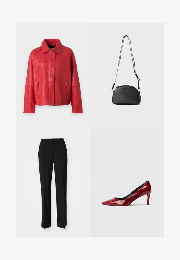 Rode leren jas met een gestructureerde afwerking, voorzien van een kraag, een rits aan de voorkant en zijzakken. Het ontwerp is gestructureerd en modern.; Zwarte katoenen t-shirt met een ronde hals, korte mouwen en een geborduurd logo op de borst. Eenvoudige, comfortabele pasvorm zonder patronen.; Zwarte op maat gemaakte broek met een recht model, voorzien van een soepele textuur en scherpe plooien aan de voorkant. Geen zichtbare hardware.; Rode lakleren hoge hakken met een puntige neus en een slanke hak. Soepele textuur met een glanzende afwerking en een zwart interieur.; Zwarte leren schoudertas met een ronde vorm, twee verstelbare banden en een subtiel logo op de voorkant. Gestructureerde buitenkant, minimalistisch ontwerp.