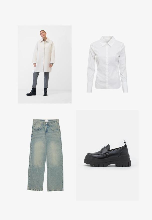 Weißer Wollmischungs-Mantel mit traditionellem Kragen, Knopfverschluss vorne, Seitentaschen und lockerer Passform. Kombiniert mit grauen, maßgeschneiderten Trousers und schwarzen Stiefeln.; Weißes Langarmhemd mit klassischem Kragen, Knopfleiste und glattem Baumwollstoff. Minimalistisches Design, ohne Muster oder Akzente.; Helle blaue weite Jeans aus Denim, ausgestattet mit zwei Vordertaschen, einem Knopfverschluss und einer ausgewaschenen Optik mit sichtbaren Nähten.; Schwarzer Leder-Schlupfschuh mit einer stabilen schwarzen Gummisohle. Verfügt über einen breiten Riemen an der Vorderseite und ein gesticktes Design um die Zehen.