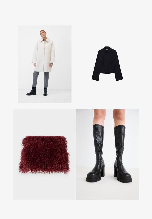 Hvid uldblandingsfrakke med klassisk krave, front lukning med knapper, sidelommer og afslappet pasform. Kombinationen med grå skræddersyede bukser og sorte støvler.; Sort, cropped skjorte med lange ærmer, krave og knaplukning foran. Fremstillet af glat stof, med tætsiddende design og minimal dekoration.; Burgunderfarvet pels clutch med en struktureret, langhåret overflade og rektangulær form, prydet med bløde, lange fibre overalt.; Sorte knælange støvler i glat læder, med en tyk platform og blokhæle, samt stikninger langs kanterne.
