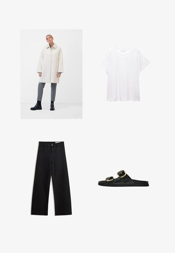 Weißer Wollmischungs-Mantel mit traditionellem Kragen, Knopfverschluss vorne, Seitentaschen und lockerer Passform. Kombiniert mit grauen, maßgeschneiderten Trousers und schwarzen Stiefeln.; Weißes T-Shirt aus weichem, leichtem Stoff. Mit runder Halslinie und kurzen, weit geschnittenen Ärmeln für einen lässigen Sitz. Keine sichtbaren Muster.; Schwarze weit geschnittene Jeans mit hoher Taille, ausgestattet mit Vorder- und Hintertaschen, gesteppten Nähten und einem Knopfverschluss. Glatte Textur.; Schwarze Riemensandale mit zwei goldenen Schnallendetails, glattem Material, flachem Sohlen und minimalistischer Gestaltung.
