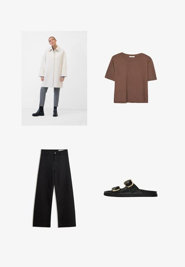 Weißer Wollmischungs-Mantel mit traditionellem Kragen, Knopfverschluss vorne, Seitentaschen und lockerer Passform. Kombiniert mit grauen, maßgeschneiderten Trousers und schwarzen Stiefeln.; Braunes, kurzärmliges T-Shirt aus weichem Material mit rundem Halsausschnitt und lockerer Passform. Keine sichtbaren Muster oder Akzente.; Schwarze weit geschnittene Jeans mit hoher Taille, ausgestattet mit Vorder- und Hintertaschen, gesteppten Nähten und einem Knopfverschluss. Glatte Textur.; Schwarze Riemensandale mit zwei goldenen Schnallendetails, glattem Material, flachem Sohlen und minimalistischer Gestaltung.