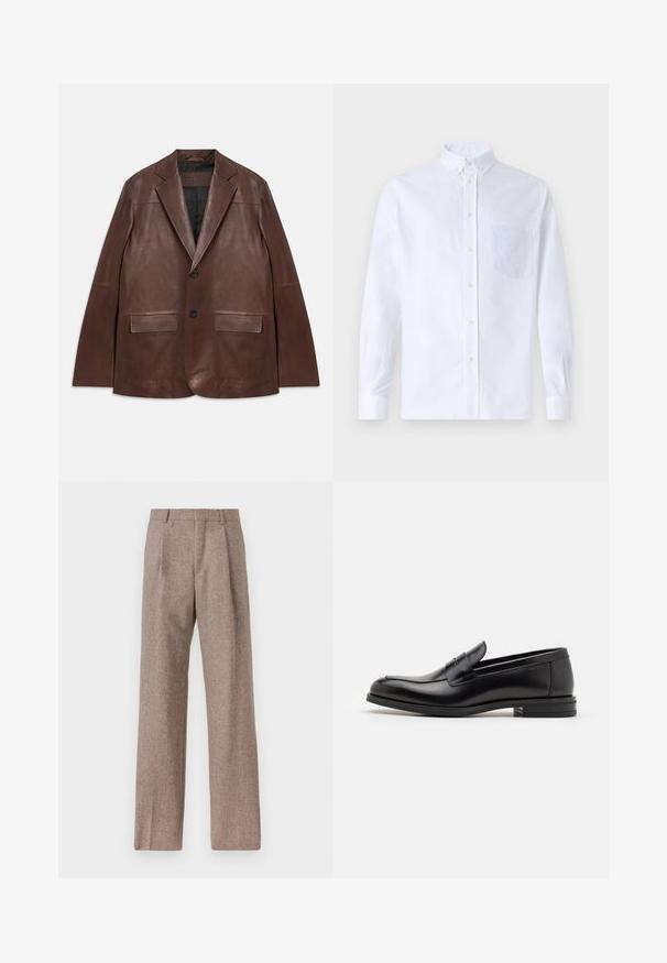 Tumepruun nahast bleiser, milles on sakilised kraed, kaks musta nuppu, klapptaskud ja must sisekate, laotatuna valgele taustale.; Valge pikamaa varrukatega nööbiga särk, mis on valmistatud puuvillast ja millel on rinna tasku toon-toonis brodeeringuga, krae ja nööbiga mansetid.; Prunnid, kõrge vöökohaga püksid, mis on valmistatud tekstureeritud kangast. Omavad laiu jalgu ja kahte eesmist voldikut struktuuri jaoks. Korralik viimistlus, ilma nähtava riistvarata.; Mustad mustad nahast loafers sileda tekstuuriga, ümarat ninaosa ja dekoratiivne riba vampi üle. Madal kihiline konts, minimalistlik disain.