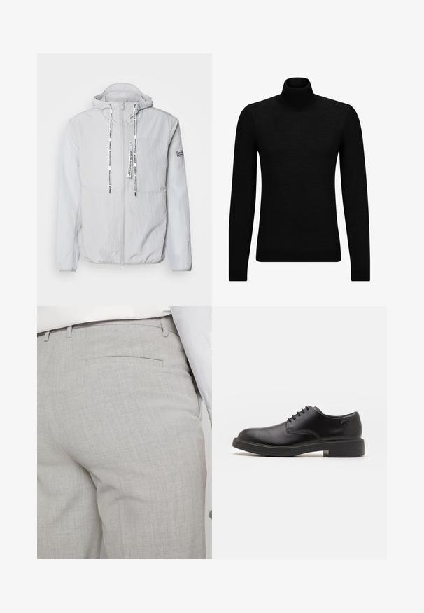 Světle šedá mikina s kapucí vyrobená z texturované tkaniny. Má přední zip, šňůrky s textem značky a nášivku na rukávu.; Černý rolák vyrobený z měkkého materiálu, s dlouhými rukávy a těsným střihem. Hladký lem na spodním okraji a manžetách. Jednoduchý design.; Světlounce šedé kalhoty na míru z texturované látky, s jednou zadní kapsou a čistým prošitím.; Černé kožené šněrovací boty s kulatou špičkou, hladkým povrchem, minimálním prošíváním a nízkým gumovým podpatkem. Logo na patě.