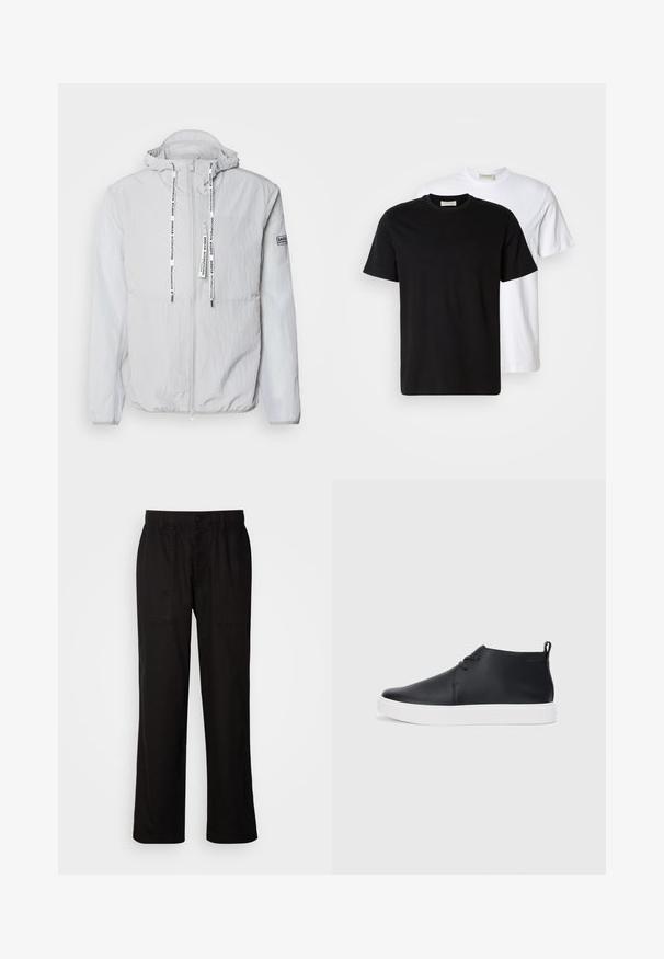 Světle šedá mikina s kapucí vyrobená z texturované tkaniny. Má přední zip, šňůrky s textem značky a nášivku na rukávu.; Dvě jednoduché bavlněné trička, jedno černé umístěné před bílým, obě s krátkým rukávem a kulatým výstřihem.; Černé kalhoty s uvolněným střihem, vyrobené z lehké tkaniny. Mají elastický pas, knoflíkový uzávěr a dvě přední kapsy.; Černé kožené vysoké tenisky s hladkým povrchem, bílou gumovou podrážkou a jednoduchým šněrováním. Obsahují poutko na zadní straně.