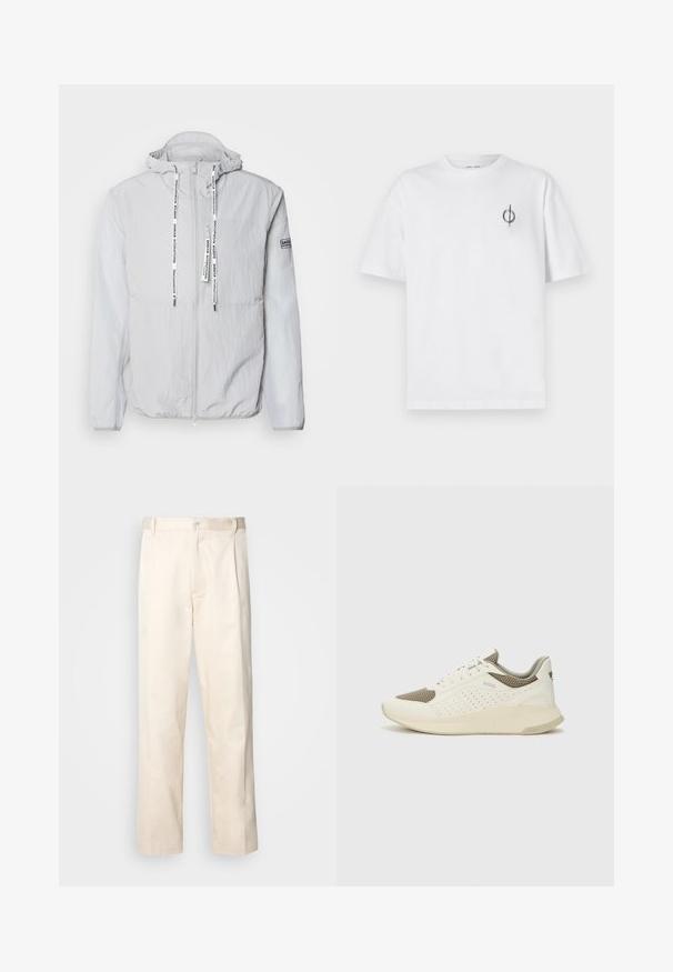 Heled hallist kapuutsiga jakk, mis on valmistatud tekstuurilisest kangast. Omab eesmist lukku, tõmblukke bränditekstiga ja käisel marki. ; Valge puuvillane t-särk lõdva sobivusega, millel on vasakul rinnal väike must graafiline logo. Lühikesed varrukad, ümmargune kaelus.; Beesidised puuvillased püksid sirge jala lõikega, mis on varustatud nööpkinnituse ja ees olevate voltidega, et lisada detaili.; Valge ja heledat beeži värvi spordijalats, millel on õhuke võrkmaterjal, perforatsioonidega detailid ning tekstuuriga vahetald, millel on brändi logo kannaosas.