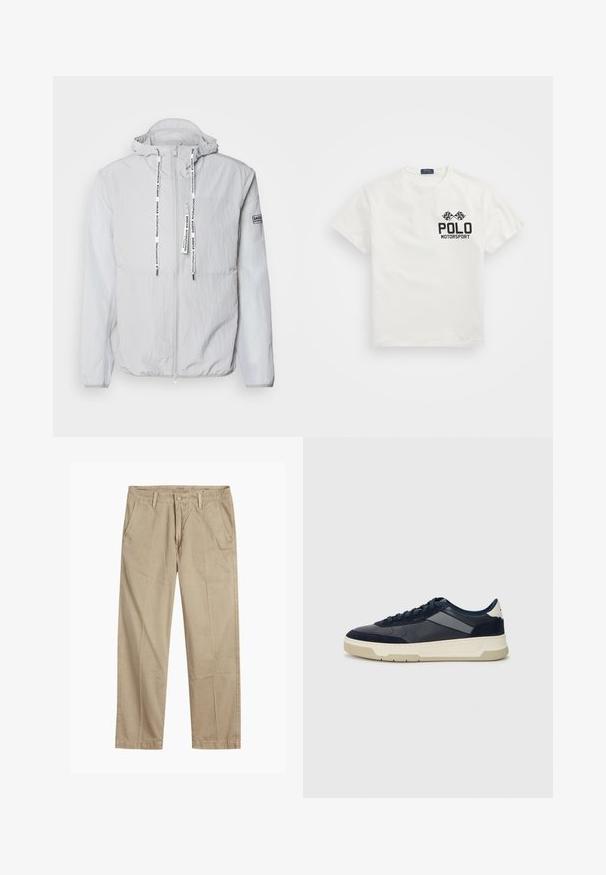 Világosszürke kapucnis dzseki textúrált anyagból. Elöl cipzárral, márkás húzózsinórokkal és ujjon található folttal rendelkezik.; Fehér pamut póló, kerek nyakkal, fekete "Polo Motorsport" logóval és keresztben elhelyezett csekkelt zászlókkal a bal mellrészen.; Beige egyenes szárú chino nadrág övhurkokkal, elülső gombos és cipzáras záródással, valamint ferde elülső zsebekkel.; BOSS BALTIMORE - Sportcipő - open blue
