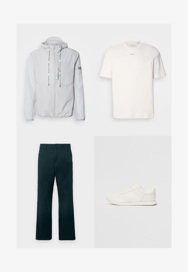Jachetă cu glugă de culoare gri deschis, realizată dintr-un material texturat. Dispune de un fermoar frontal, șnururi cu textul brandului și o aplicație pe manică.; Tricou alb din bumbac, cu guler rotund, mâneci scurte și logo-ul brodat "Calvin Klein" la mijlocul pieptului. Design simplu.; Pantaloni drept cu un verde închis, cu bucle pentru curea, buzunare laterale și închidere cu button, pe un fundal alb simplu.; Tenis alb cu un superior din plasă și material sintetic, vârf rotund, șireturi plate și o dungi texturată pe lateral. Talpă din cauciuc cu un tab la spate.