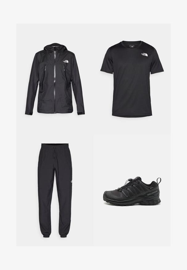 Schwarze wasserdichte Jacke mit Kapuze, ausgestattet mit einem Frontreißverschluss, zwei Reißverschlusstaschen und einem Logo auf der Brust. Glatte Textur, leichtes Design.; Schwarzes T-Shirt mit kurzen Ärmeln aus strukturiertem Stoff, mit einem kleinen weißen Logo im oberen linken Brustbereich und rundem Halsauschnitt.; Schwarze Sporthosen aus leichtem Stoff, mit einem Kordelzugbund, seitlichen Taschen und schmal zulaufenden Bündchen an den Knöcheln.; Schwarzer Sportschuh mit einer strukturierten, synthetischen Oberseite, gepolsterten Sohle und einem schnellen Schnürsystem. Verfügt über eine verstärkte Zehen- und Fersenkappe.