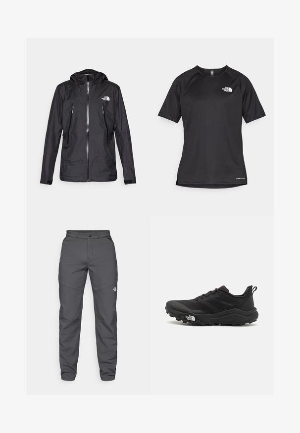 Veste noire imperméable avec une capuche, dotée d'une fermeture éclair à l'avant, de deux poches zippées et d'un logo sur la poitrine. Texture lisse, design léger.; T-shirt de sport noir à manches courtes avec un tissu texturé, arborant un logo blanc sur la poitrine gauche et un ourlet droit.; Pantalons d'extérieur gris en tissu durable, avec fermeture à bouton, passants de ceinture et un logo près de la jambe inférieure.; Chaussure de trail running noire avec une tige texturée, semelle en caoutchouc et bout renforcé. Présente un col rembourré et une tirette pour un enfilage facile.