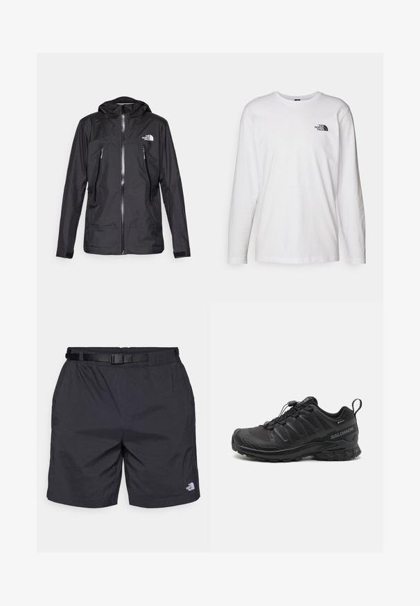 Chaqueta negra impermeable con capucha, que presenta un cierre frontal, dos bolsillos con cremallera y un logo en el pecho. Textura suave, diseño ligero.; Camiseta de manga larga blanca de algodón con cuello redondo. Presenta un pequeño logotipo negro en el pecho. Textura suave, corte regular.; Pantalones cortos ligeros negros con un ajuste relajado, que cuentan con un cinturón ajustable, bolsillos laterales y el logo de The North Face en la parte inferior de la pierna derecha.; Zapatilla deportiva negra con parte superior sintética texturizada, suela acolchada y sistema de lazado rápido. Cuenta con puntera y talón reforzados.