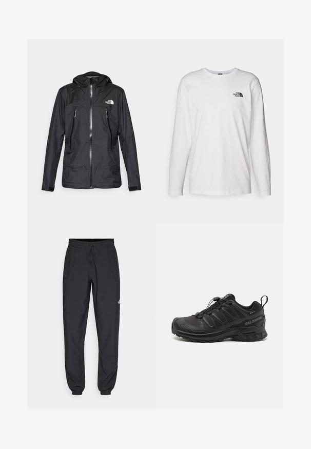 Svart vattentät jacka med huva, med en framzip, två fickor med dragkedja och en logotyp på bröstet. Slät textur, lätt design.; Vit långärmad T-shirt i bomull med rund halsringning. Har en liten svart logotyp på bröstet. Slät textur, normal passform.; Svarta träningsbyxor tillverkade av lättviktsmaterial, med dragsko i midjan, sidofickor och avsmalnande muddar vid anklarna.; Svart sportskor med en strukturerad syntetöverdel, dämpad sula och ett snabbsnörningssystem. Har förstärkt tå och hälen.
