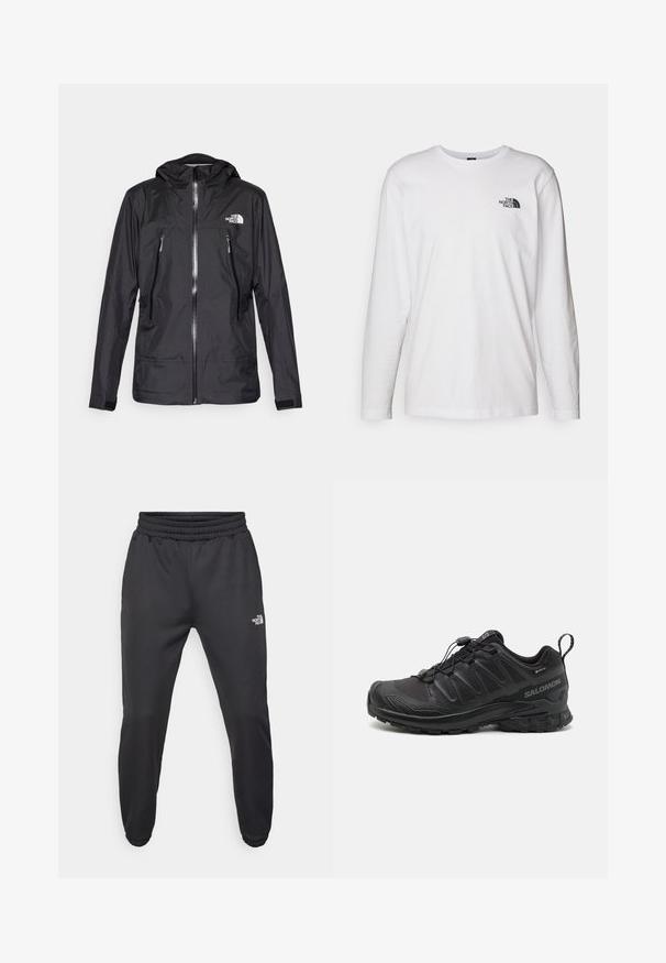 Schwarze wasserdichte Jacke mit Kapuze, ausgestattet mit einem Frontreißverschluss, zwei Reißverschlusstaschen und einem Logo auf der Brust. Glatte Textur, leichtes Design.; Weißes langärmliges T-Shirt aus Baumwolle mit Rundhalsausschnitt. Verfügt über ein kleines schwarzes Logo auf der Brust. Glatte Textur, reguläre Passform.; Schwarze Jogginghose mit verstellbarem Bund, schlanker Passform, elastischen Bündchen und einem kleinen weißen Logo am linken Oberschenkel, hergestellt aus glattem Stoff.; Schwarzer Sportschuh mit einer strukturierten, synthetischen Oberseite, gepolsterten Sohle und einem schnellen Schnürsystem. Verfügt über eine verstärkte Zehen- und Fersenkappe.