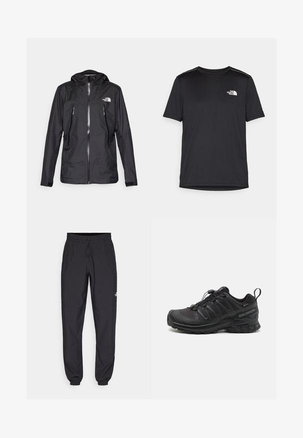 Casaco preto à prova d'água com capuz, apresentando um fecho frontal, dois bolsos com zíper e um logótipo no peito. Textura suave, design leve.; T-shirt preto de manga curta feito de um tecido leve. Apresenta um pequeno logo branco ao lado esquerdo do peito e detalhes subtis nos ombros.; Calças atléticas pretas feitas de tecido leve, com um cós ajustável por cordão, bolsos laterais e punhos afunilados nos tornozelos.; Sapatilha atlética preta com um cabedal sintético texturizado, sola acolchoada e um sistema de atilhos rápido. Possui biqueira e calcanhar reforçados.