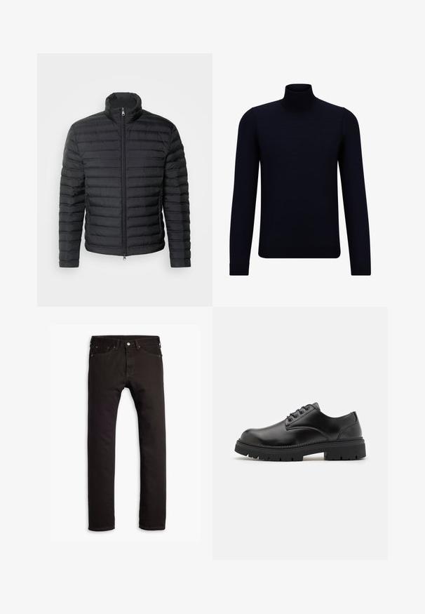 Colmar Originals MENS JACKET - Casaco de penas - black-vulcan; Pullover de gola alta em azul-marinho escuro, feito de um tecido de malha fina, com mangas longas e um decote alto justo. Sem padrões ou detalhes visíveis.; Jean slim preto com cinco bolsos e fecho de botão, exibido de forma plana sobre um fundo branco.; Sapatos de couro pretos com bico arredondado, design de atacador e sola de borracha espessa e texturizada. Apresenta costuras ao longo da borda e um acabamento liso.