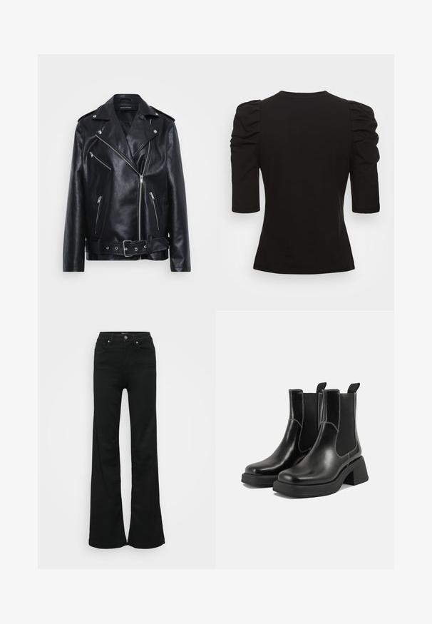Czarna skórzana kurtka motocyklowa z wyciętym kołnierzem, asymetrycznym zamkiem, wieloma kieszeniami na zamek oraz paskiem w talii.; Vero Moda Tall VMEGAMAXI - T-shirt basic; Czarne dżinsy w kształcie dzwonu wykonane z denimu, z wysokim stanem, pięcioma kieszeniami i metalowym zapięciem. Gładka faktura z minimalnym zdobieniem.; Czarne skórzane botki Chelsea na mocnej podeszwie, z elastycznymi panelami bocznymi i kontrastującym białym ściegiem. Teksturowane wykończenie.