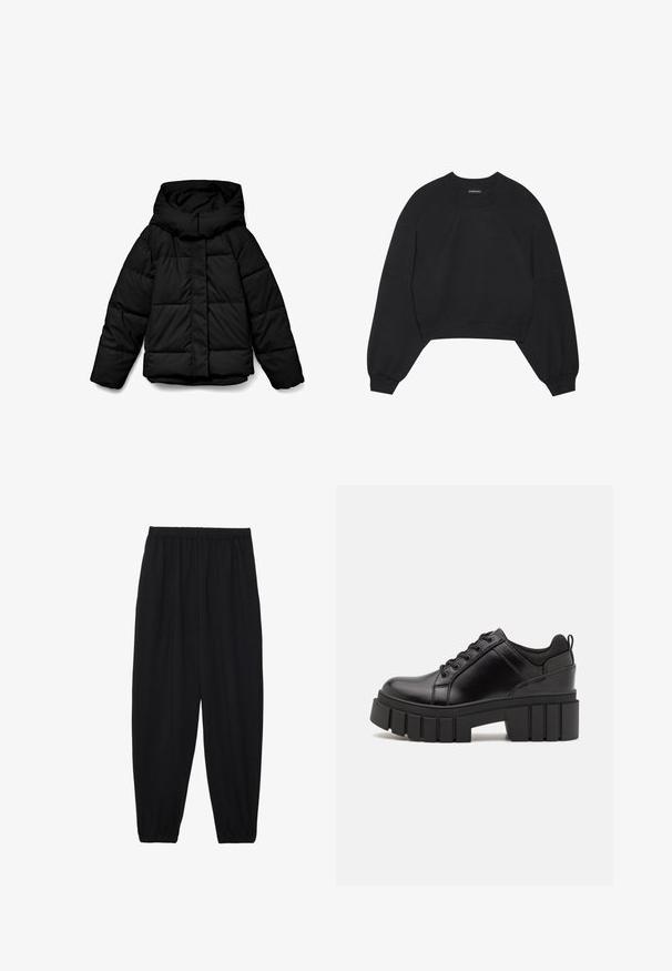 Čierna prešívaná bunda s kapucňou, s prešívaným dizajnom, predným zipsom a dlhými rukávmi. Tkanina je hladká a izolovaná.; Čierny skrátený sveter vyrobený z mäkkej tkaniny, s dlhými raglánovými rukávmi, okrúhlym výstrihom a elastickými manžetami. Bez výrazných vzorov alebo hardvéru.; Čierne, ľahké nohavice s elastickým pásom a zúženými nohavicami. Tkanina je hladká a má voľný, zúžený strih.; Čierne kožené platformy s masívnym blokovým podpätkom, okrúhlou špičkou a tradičným šnurovaním. Má hladký povrch a minimálne detaily.