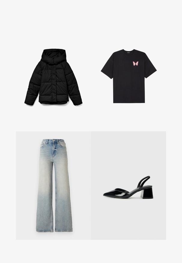 Fekete kapucnis pufi dzseki, steppelt mintával, elől cipzárral és hosszú ujjakkal. Az anyaga sima és szigetelt.; Fekete pamut póló rövid ujjakkal, bal mellkason egy kis rózsaszín pillangó grafikával. Kerek nyakú kialakítás, laza fazonnal.; Világoskék, bő szárú farmernadrág, magas derékkal, öt zsebbel és látható varrással az illesztések mentén.; Fekete lakk bőr szandálkés magas sarkú cipő, hegyes orral és geometrikus tömbsarkakkal. Karcsú, minimalista dizájn és sima textúra jellemzi.