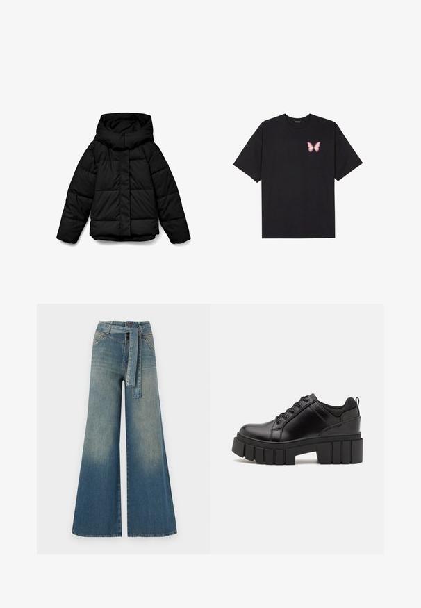 Geacă puf neagră cu glugă, cu design matlasat, fermoar frontal și mâneci lungi. Țesătura este netedă și izolată.; Tricou negru din bumbac cu mâneci scurte, având pe partea stângă a pieptului un mic grafic cu un fluture roz. Design cu guler rotund și croială lejeră.; Pantaloni din denim largi, cu un gradient de la albastru deschis la albastru închis, talie înaltă, bucle pentru curea și o curea din același material. Finisaj texturat din denim.; Pantofi cu talpă plată din piele neagră, cu toc gros, vârf rotund și design tradițional cu șireturi. Prezintă o textură netedă și detalii minime.