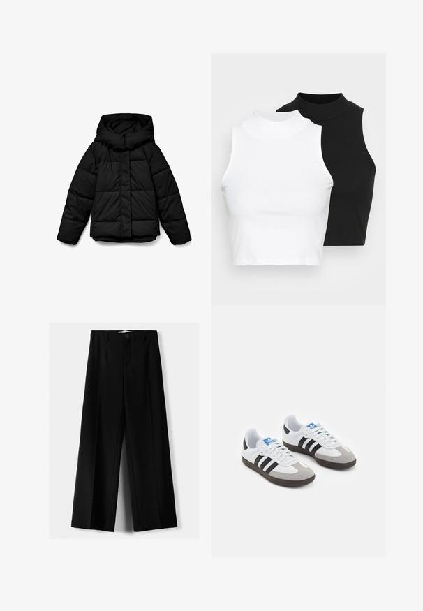 Czarna puchowa kurtka z kapturem, z pikowanym wzorem, przednim zamkiem błyskawicznym i długimi rękawami. Materiał jest gładki i ocieplany.; Dwa bezrękawnikowe golfy w kolorze czarnym i białym, charakteryzujące się dopasowanym fasonem i gładką teksturą, o skróconej długości.; Czarne spodnie szerokie, wykonane z lekkiego materiału, z zapięciem na guzik z przodu i gładkim przodem, z starannie wykończonymi brzegami.; Buty sportowe z białą skórzaną cholewką, szarym zamszowym noskiem i trzema czarnymi paskami. Posiadają niebieskie logo na języku oraz teksturowaną gumową podeszwę.