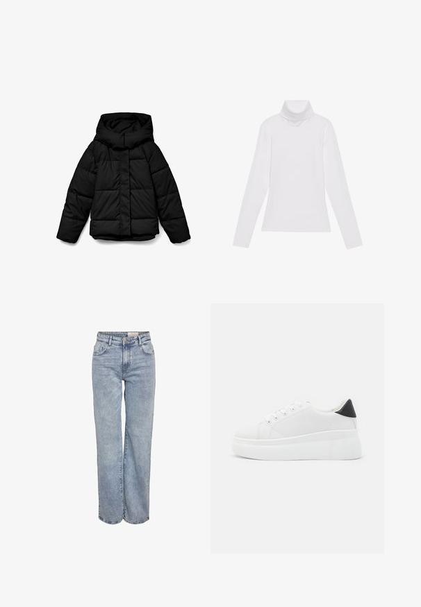 Svart dunjakke med hette, som har et quiltet design, glidelås foran og lange ermer. Stoffet er glatt og isolert.; Hvit langermet høyhalset topp laget av glatt, elastisk stoff. Har høy krage og tettsittende design, uten synlige mønstre eller dekorasjoner.; Lys blå vide jeans laget av denim, med høy midje, fem-lommers design og subtile falminger for et slitt utseende.; Hvite plattform sneakers laget av glatt syntetisk materiale, med rund tå, snøring og en strukturert gummisåle. Svart hæl akcent.
