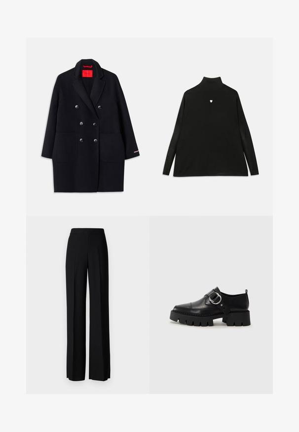 Crni dvostruko kopčani kaput s velikim prednjim džepovima, detaljima gumba i mekanom teksturom. Ima kontrastni ružičasti detalj na rukavima.; Crna turtleneck pulover sa dugim rukavima, s malim bijelim srcem na prednjem dijelu. Mekana tkanina i opušteni kroj.; Crne široke hlače s glatkom teksturom, s visokim strukom i središnjim pregibima. Nema vidljivih uzoraka ili hardverskih detalja.; Crne kožne cipele s debelim, rebrastim potplatom, koje imaju okrugli srebrni detalj i minimalne šavove.