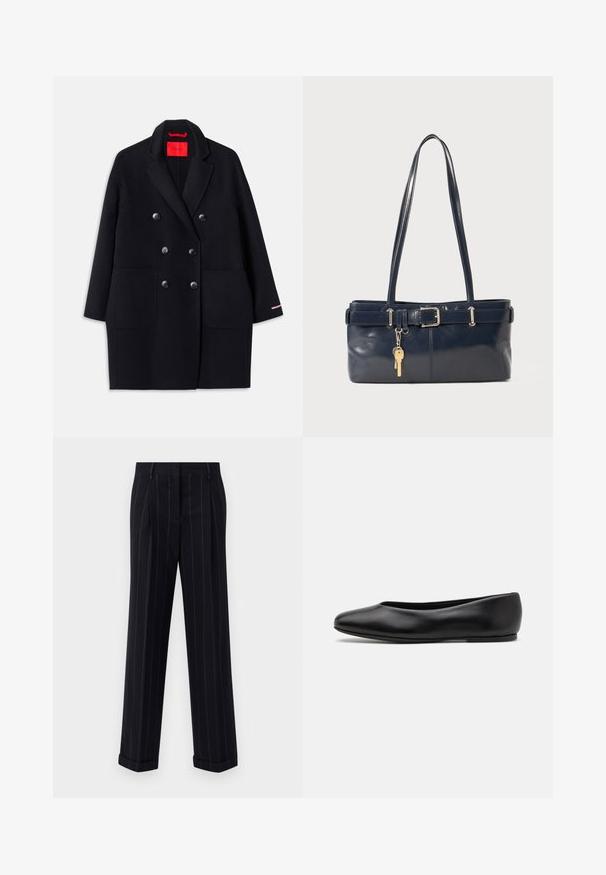 Sort dobbeltbrystet frakke med store forlommer, knapdetaljer og en blød tekstur. Har en kontrasterende lyserød accent på ærmerne.; Mørkeblå sweater med rund halsudskæring, lange raglanærmer, ribbede manchetter og lige nederkant. Fremstillet af et blødt, tekstureret strikmateriale.; Sorte pinstripede bukser med en skræddersyet pasform, der har en manchetkant og frontfolder. Lavet af glat stof med et struktureret design.; Paul Smith TOPANGA - Ballerinasko - black; Mørkeblå læderhåndtaske med to lange håndtag, en spænde detaljer og en nøglering vedhæftet. Den har en glat tekstur og en rektangulær form.