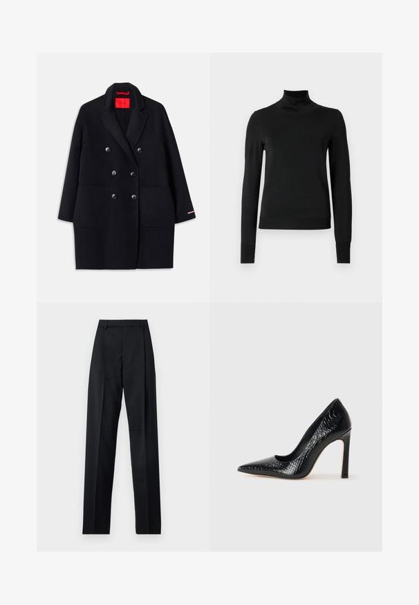 Black double-breasted coat with large front pockets, button detailing, and a soft texture. Features a contrasting pink accent on sleeves.; Black long-sleeve turtleneck sweater with ribbed cuffs and hem, displayed on a plain white background.; Black trousers made from smooth fabric featuring a high waist, wide legs, front pleats, and classic belt loops. No side pockets visible.; Black pointed-toe high heel shoe with a crocodile-skin texture, featuring a sleek design, high stiletto heel, and smooth black interior.