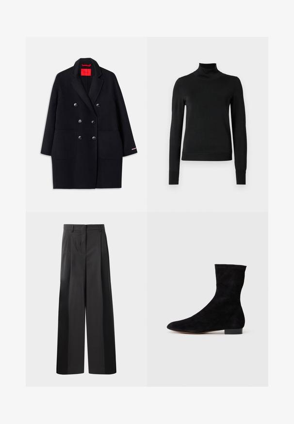 Cappotto nero doppiopetto con grandi tasche anteriori, dettagli con bottoni e una texture morbida. Presenta un accento rosa a contrasto sulle maniche.; Pullover nero a maniche lunghe con collo alto, rifinito con polsini e orlo a coste, mostrato su uno sfondo bianco semplice.; Pantaloni neri a gamba larga con vita alta, caratterizzati da pieghe frontali, una texture liscia e una finitura sartoriale. Progettati per un fit rilassato.; Stivale alla caviglia in suede nero con gambale aderente, punta affusolata e tacco a blocco basso. Texture liscia e design minimalista, adatto per uno stile versatile.