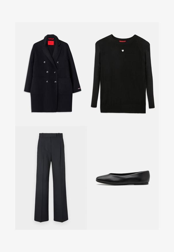 Sort dobbeltbrystet frakke med store forlommer, knapdetaljer og en blød tekstur. Har en kontrasterende lyserød accent på ærmerne.; Sort striktrøje med lange ærmer, rund halsudskæring og et lille hvidt hjerte på brystet. Blød tekstur og ribbede manchetter og kant.; Mørkeblå stribede bukser med høj talje, vidde bendesign og ingen synlig hardware eller dekorationer. Glat tekstur og skræddersyet pasform.; Paul Smith TOPANGA - Ballerinasko - black