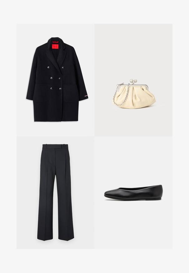 Black double-breasted coat with large front pockets, button detailing, and a soft texture. Features a contrasting pink accent on sleeves.; Black knit sweater with long sleeves, crew neckline, and a small white heart on the chest. Soft texture and ribbed cuffs and hem.; Dark blue pinstriped trousers with a high waist, wide leg design, and no visible hardware or embellishments. Smooth texture and tailored fit.; Paul Smith TOPANGA - Ballet pumps - black; Pleated beige leather clutch with a silver metal frame, featuring two round decorative clasps and a silver chain strap.