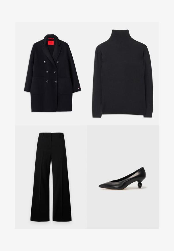 Čierny dvojradový kabát s veľkými prednými vreckami, detailmi na gombíkov a mäkkou textúrou. Obsahuje kontrastný ružový akcent na rukávoch.; Čierny rolák z mäkkej tkaniny. Má dlhé rukávy, vysoký golier a rebrované manžety a lem pre priliehavý vzhľad.; Čierne široké nohavice s hladkou textúrou, štruktúrovaným pásom a prednými záhybmi. Minimalistický dizajn bez viditeľného kovania.; Čierna kožená vysoká topánka na podpätku s ostrým špičkou a okrúhlym, guľatým podpätkom. Hladký povrch s moderným, minimalistickým dizajnom.