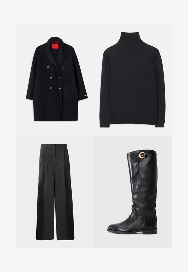 Schwarzer taillierter Doppelreiher-Koat mit großen Fronttaschen, Knopfdetails und einer weichen Textur. Mit einem kontrastierenden pinken Akzent an den Ärmeln.; Schwarzer Rollkragenpullover aus weichem Material. Mit langen Ärmeln, einem hohen Kragen und gerippten Bündchen und Saum für einen figurbetonten Look.; Schwarze, weit geschnittene Hose mit hoher Taille, versehen mit Frontfalten, einer glatten Textur und einem maßgeschneiderten Finish. Entworfen für eine lockere Passform.; Schwarzer Lederstiefel bis zum Knie mit runder Zehenpartie, schnürbarem Vorderteil, seitlichem Detail und einer goldenen Akzentgürtel am oberen Ende. Glatte Textur.