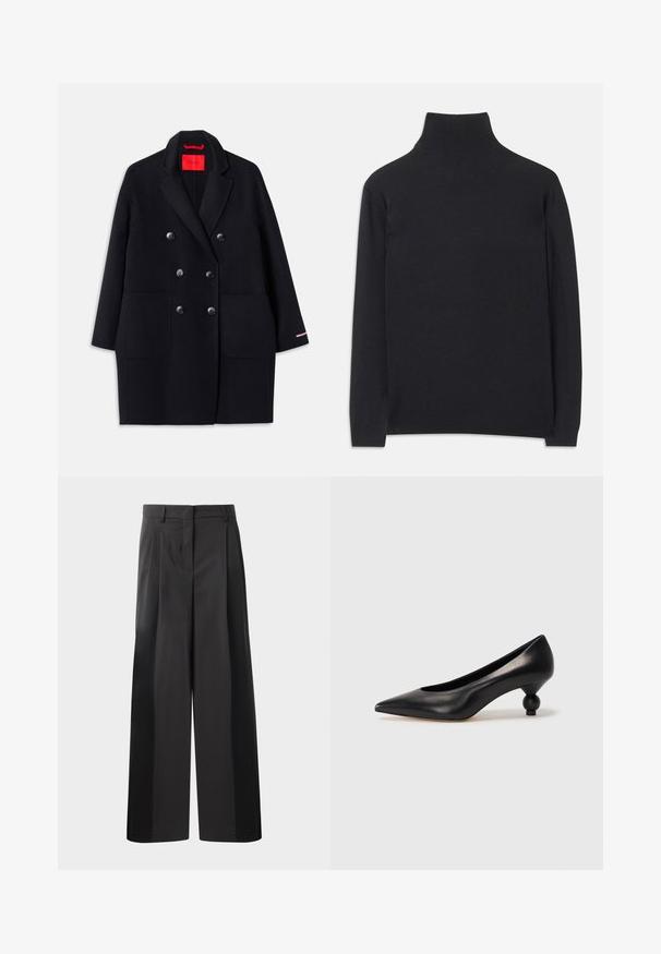 Must mustriga musta jope suurte esitaskutega, nööpide detailsusega ja pehme tekstuuriga. Omab kontrastset roosa aktsenti varrukatel.; Must zwart pullovers, mis pehmeast kangast. Omab pikki varrukaid, kõrget kaelanupukest ning soonikute äärte ja alläärtega, et tagada mugav istuvus.; Mustad laiad püksid kõrge vöökohaga, millel on ees voldid, sile tekstuur ja õmmeldud viimistlus. Kujundatud lõdva istuvuse saavutamiseks.; Must musta kõrge kontsaga king, millel on terav nina ja ümar, pallikujuline konts. Sile pind ja elegantne, minimalistlik disain.