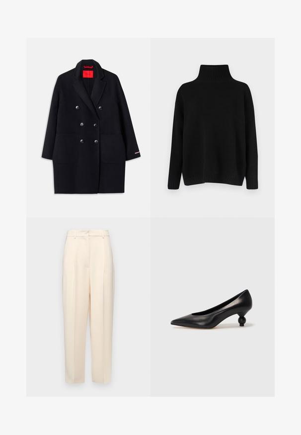 Must mustriga musta jope suurte esitaskutega, nööpide detailsusega ja pehme tekstuuriga. Omab kontrastset roosa aktsenti varrukatel.; Mustast riidest kudumiga kampsun, millel on kõrge soonikuga krae, allapoole langetatud õlad ja lõdvestunud lõige. Omadusena soonikuga mansetid ja alumine ääreosa, mis lisavad tekstuuri.; Beežid kohandatud püksid otse lõikega, ees volditud, siledast tekstuurist ja keskmise kõrgusega vöökoht. Nähtavaid taskuid ei ole.; Must musta kõrge kontsaga king, millel on terav nina ja ümar, pallikujuline konts. Sile pind ja elegantne, minimalistlik disain.